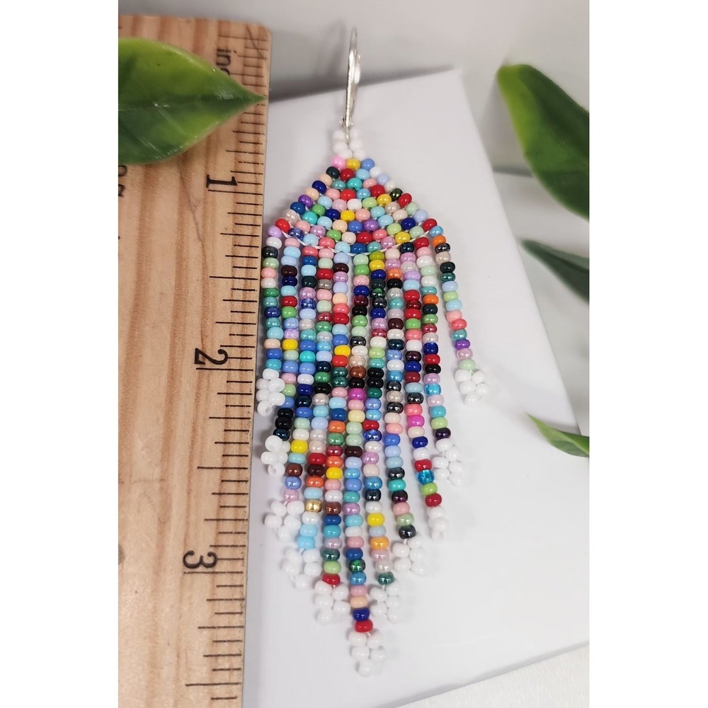 Multic beaded earrings with fringe, Colorful seed bead earrings, Dangle earrings